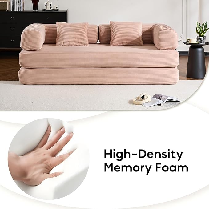 Convertible Folding Couch Bed Comfy Corduroy Sleeper Floor Sofa Bed with Fixed-Shape Frame Floor Sofa with Armrest Lounge Couch for Living Room Bedroom Lounge StudioPale Pink