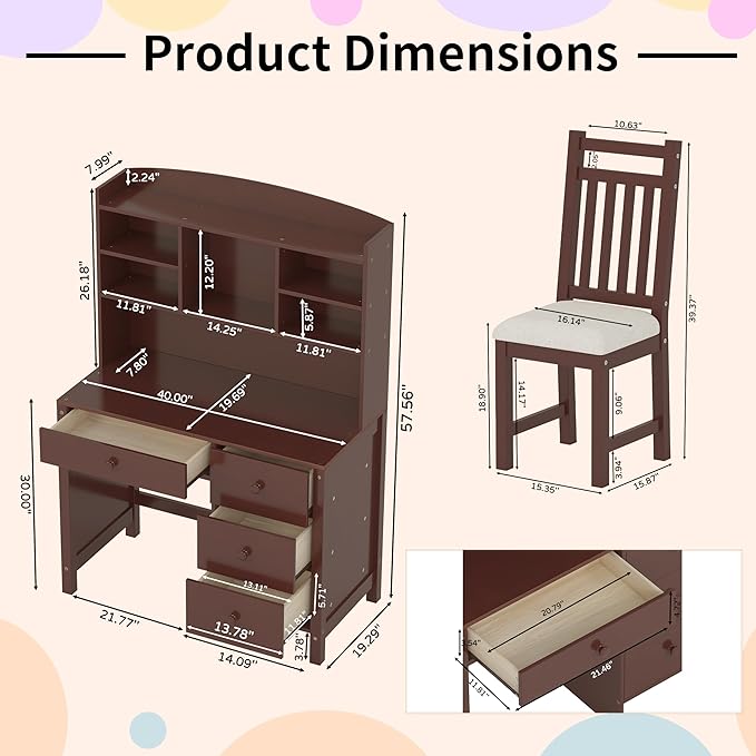 Wooden 40'' Home Office Desks with Bookshelf and Upholstered Chair Versatile Writing Desk Office Study Workstation with 4 Drawers and Storage Shelf for Office Study Room Bedrooms (Espresso-Wood)