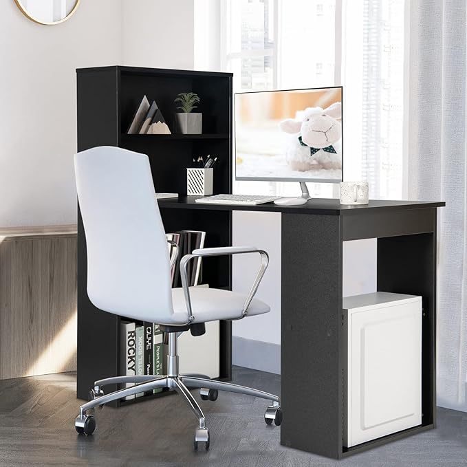 Computer Desk with Bookcase 48” Modern Writing Table Desk with Storage Shelves and CPU Stand Reversible Study Workstation for Home Office Bedroom (Black)