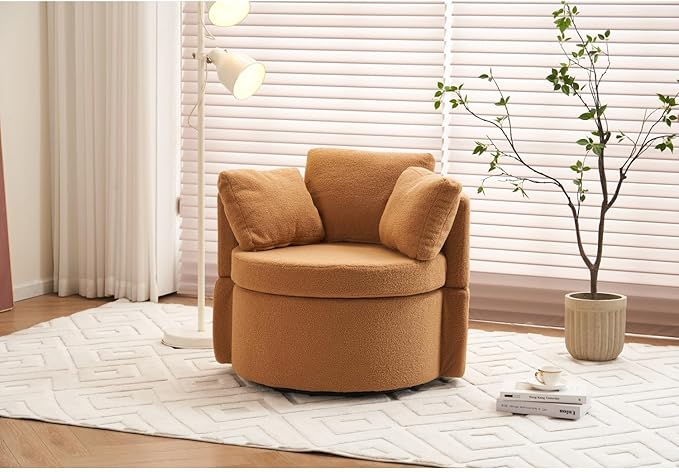 Teddy Fabric Swivel Storage Chair with Back Cushion Khaki 360° Swivel for Living Room