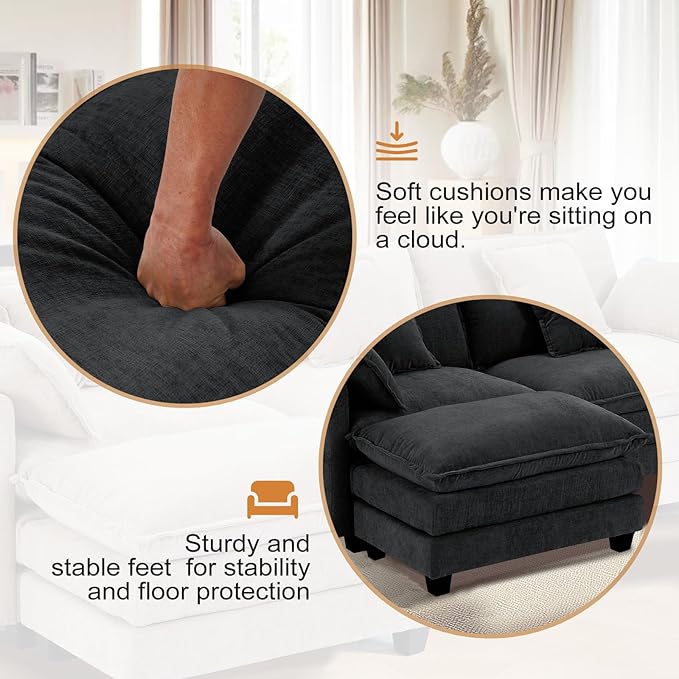 Furniliving 112‘’ L-Shaped Sofa Luxury Chenille Modular Sectional Couches with Ottoman Upholstered Deep Seat Sleeper Sofa with Memory Foam and Waist Pillows Black