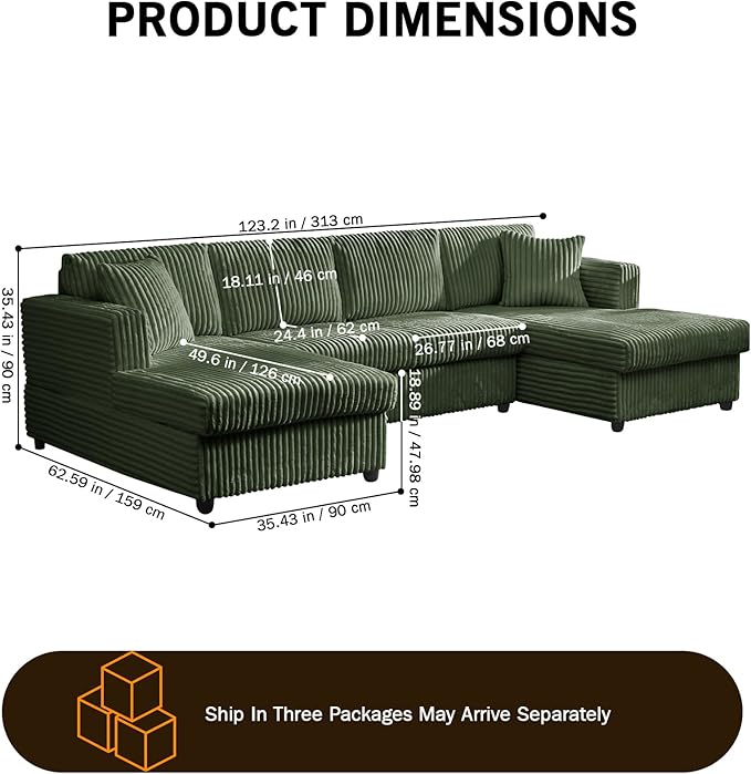 123 U-Shaped Modular sectional Sofa Two L-Shape Chaise with 2 Cloud Couch sectional with Two Pillows couches for Living Room(Green)