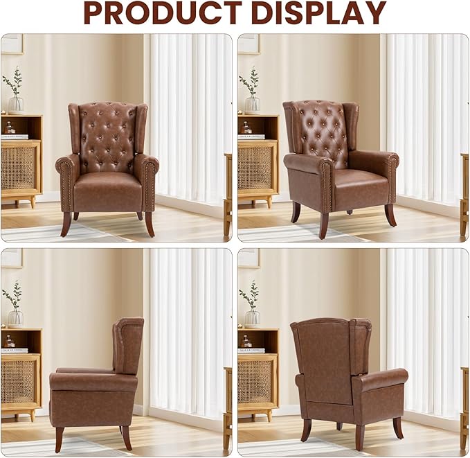 Faux Leather Accent Chair Mid-Century Armchair Upholstered Club Sofa Chair with Wooden Legs High Back Living Room Chair for Bedroom Office Lounge (Brown)