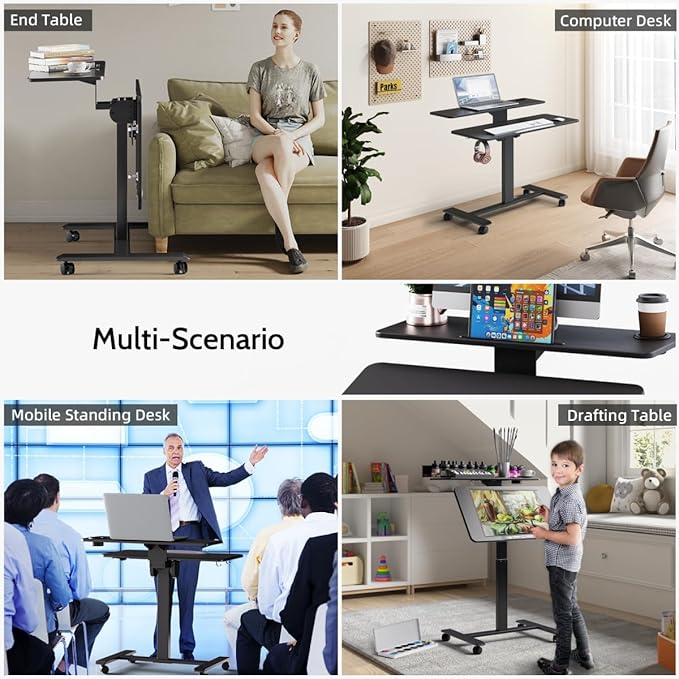 Pneumatic Standing Desk with Wheels - Adjustable Height 28 - 46 &amp 0-90° Tilt 31.5 x 17.7 Skin-Feel Desktop Rolling Computer Desk for Home Office Hospital School (Black)