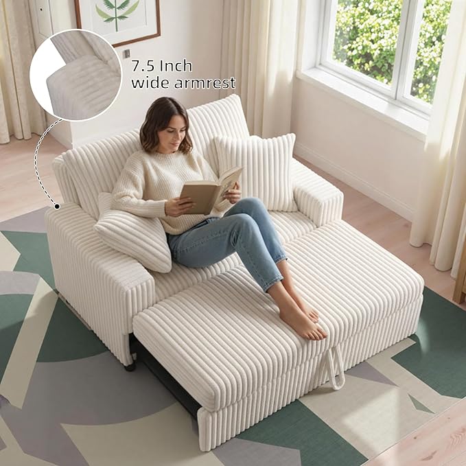 3 in 1 Convertible Sofa Bed52.8 Pull Out Couch with 2 Pillows and Side PocketsModern Corduroy Fabric Sleeper Loveseat with Adjustable Backrest for Living Room Bedroom Apartment (Beige Corduroy)