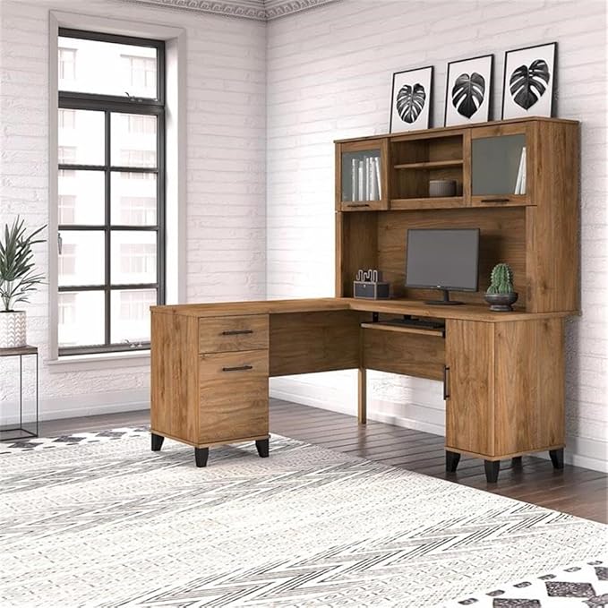 Pemberly Row 60W L Shaped Desk with Hutch Fresh Walnut Finish Engineered Wood Keyboard Tray Storage Cabinet File Drawer Adjustable Shelf Home Office Desk for Computer and Organization