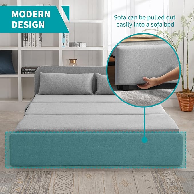BALUS 61 Queen Sleeper Sofa Bed Pull Out Couch with Pullout Beds 2 in 1 Convertible Linen Loveseat Sofas Sleepers with Pillows Tri-fold Mattress for Small Space Office Apartment Loft Light Grey