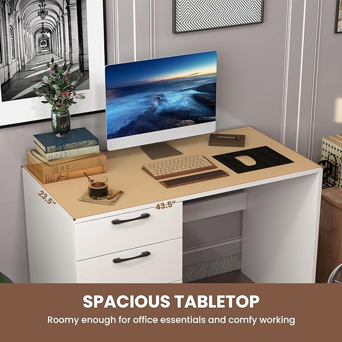Giantex White Computer Desk with 4 Large Drawers Home Office Laptop PC Desk Writing Table Modern Computer Workstation for Bedroom Study Room
