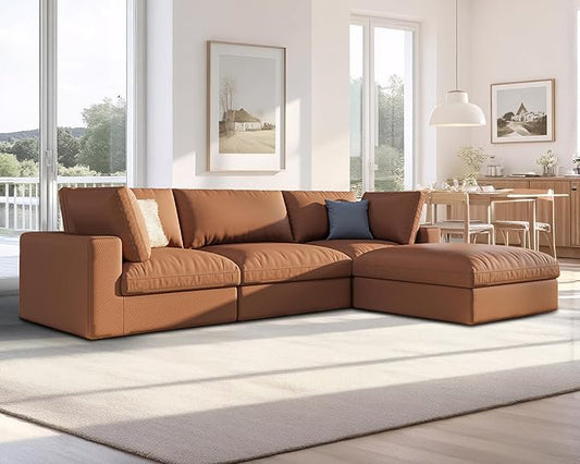 AMERLIFE 114 Inches Modular Sectional Couch Feather Down Filled Sectional Sofa 4 Seats L Shaped Couch with Chaise Ottoman Oversized Sofa for Living Roomt Apartment Brown Anti-Scratch Leathaire