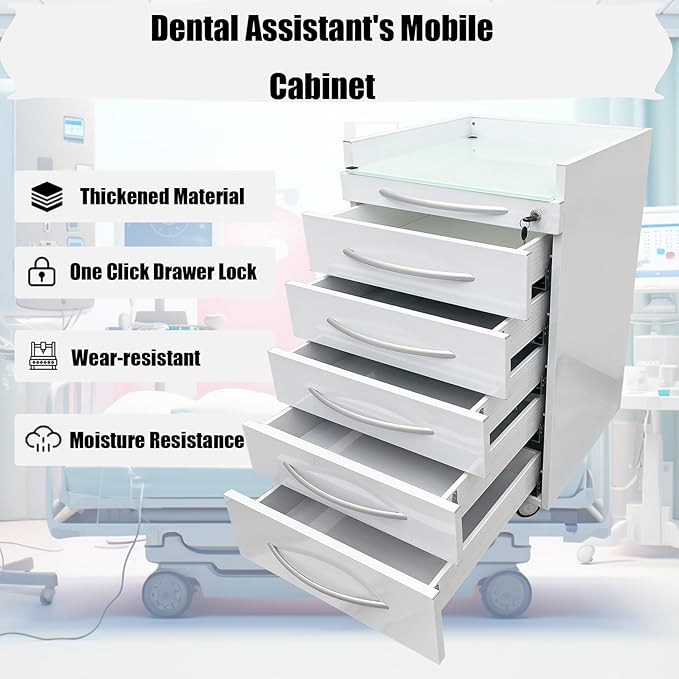 5 Drawers Mobile Office File Storage Cabinet Stainless Steel Dental Medical Assistant Cabinet Utility Cart Glass Countertop with Lock and Wheels and Storage Tray for Office Hospital White