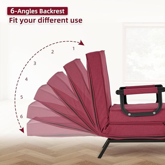 Convertible Sofa Bed Sleeper ChairSingle Person Chaise Lounge Couch with PillowUpholstered Lazy Bed with 6 Angles Adjustable BackrestFolding Sofa Arm Chair for Apartment/Office/Home (Red)