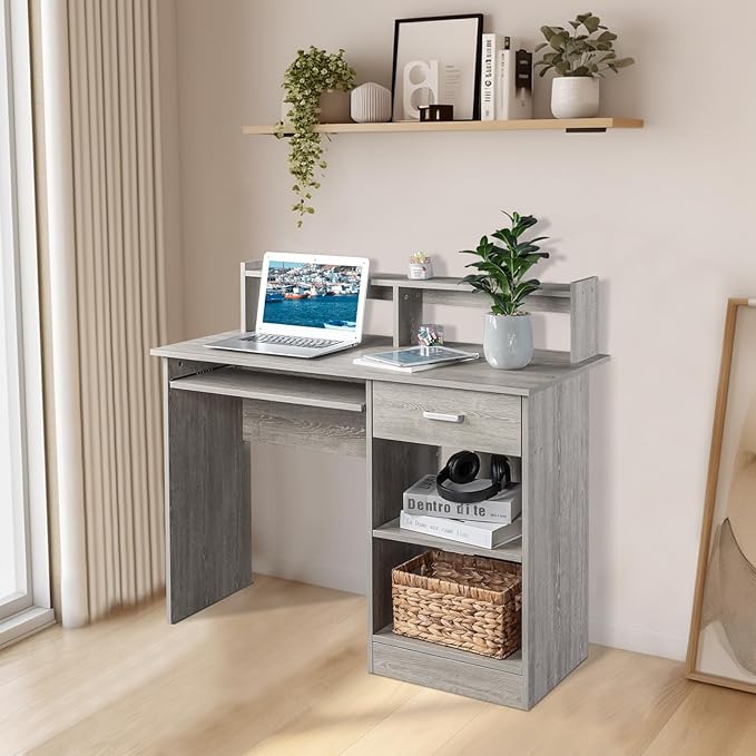 Karl home Computer Desk Study Writing Desk Wooden Home Office Workstation PC Laptop Table with Drawer Shelf Keyboard Tray Grey