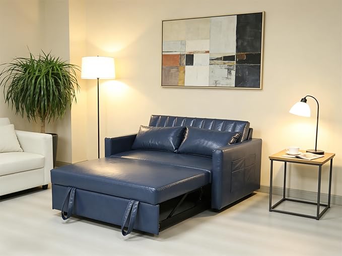 55'' Leather Sofa Bed Pull Out Sleeper Sofa Couch Bed Loveseat Sleeper Futon Sofa Couch with Side Pocket Convertible Sofa Bed for Living Room Apartment Bedroom RV Blue