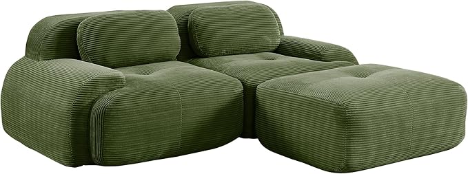 81.8 L-Shaped Cloud Couch Modular Sectional Sofa - Boneless Deep Seat 2-Seater with Movable Ottoman No Assembly Corduroy Upholstery Couches for Living Room (Green)