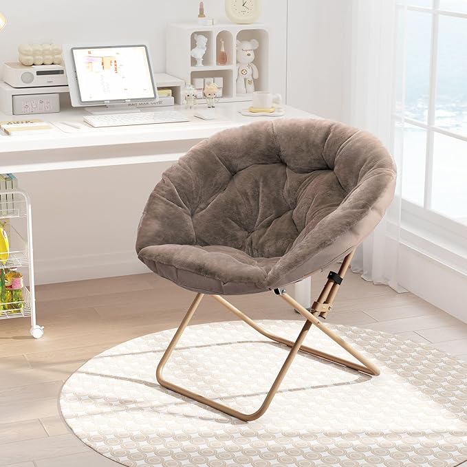 Cozy Saucer Chair Living Room Chair Faux Fur Soft Thick Padded Seat Metal Frame Folding Chair Comfortable Moon Chair for Living Room Bedroom Reading Nook Modern Style 1 Pack Brown