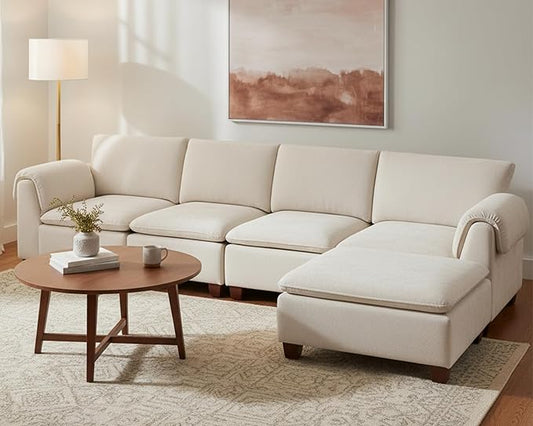 VESCASA Modern Sectional Sofa with Ottoman 106.5 Inch Modular Cloud Couch 4 Seat L Shaped with Waterfall Armrest Cushion Back for Living Room Apartment White Chenille