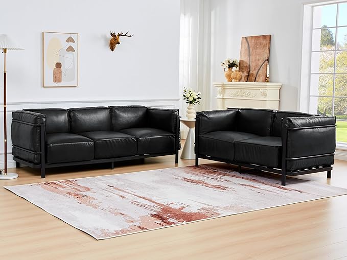 QHITTY 3 Seater Accent Sofa Mid-Century Modern Upholstered Couch Chair Faux Leather Sofa Couch with Iron Frame and Upholstered Armrest Backrest Cushion for Living Room Office Apartment (Black)