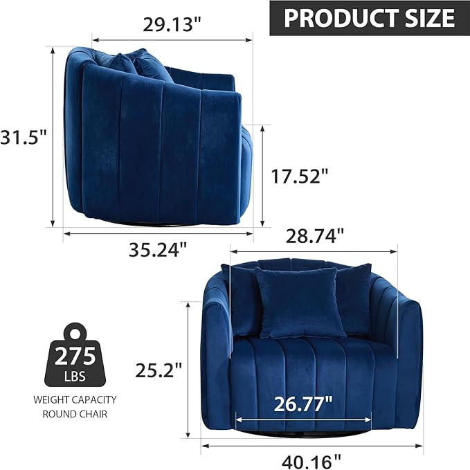 Chifee &amp Vingol 40.16 W Swivel Accent Barrel Chair Velvet Round Barrel Chair with 3 Pillows 360 Degree Swivel Armchair for Living Room Bedroom Navy