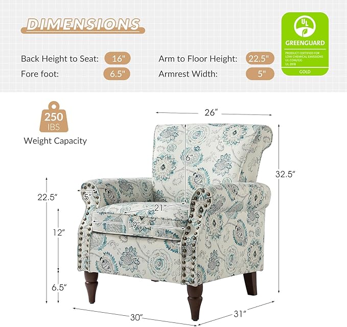 HULALA HOME Modern Wingback Accent Chair with Wood Legs &amp Removable Cushion Comfy Upholstered Armchair with Nailhead Trim Floral Pattern Single Sofa Chair for Living Room Bedroom Medallion