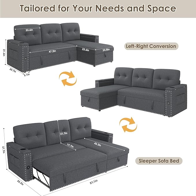 HIFIT Sleeper Sofa Bed- 81 L Shaped Pull Out Couches for Living Room with Storage Chaise 2 Storage Armrest LED Light&ampUSB Port&ampCupholder Modern Linen Sectional Home Sofa Living Room Furnitu