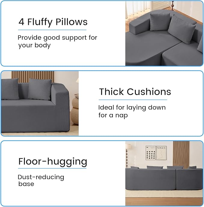 PUREMIND 98 L Shaped Sectional Couches for Living Room Boneless Comfy Modern Sofa Cloud Sectional Modern Sleeper Couch with Chaise for Bedroom Apartment No Assembly Required (Dark Grey)