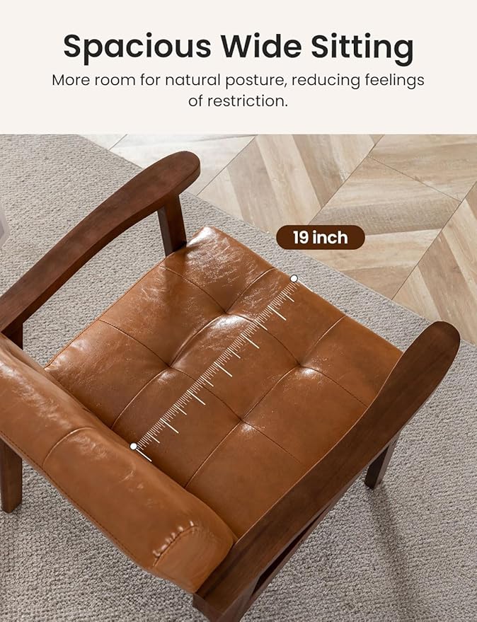 Mid-Century PU Leather Accent Chair Set of 2 Living Room Comfy Bedroom Chairs for Small Spaces Modern Brown Reading Nook Armchair with Solid Wood Legs