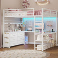 ADORNEVE Loft Bed Full Size with U-Shaped Desk 6 Storage Drawers Power Outlet LED Metal Loft Bed with 2 Storage Shelves Bed with Safety Guardrail &amp LaddersSpace-SavingWhite
