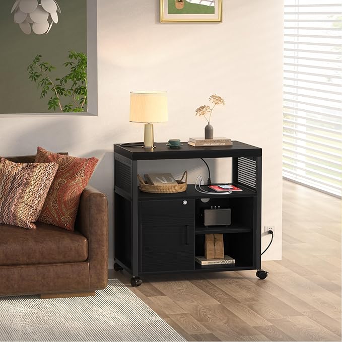 Unikito Lateral File Cabinet Locking Office Printer Stand with Sockets and USB Charging Ports Modern Rolling Printer Desk with Storage for A4 Letter Size and File Folders Black
