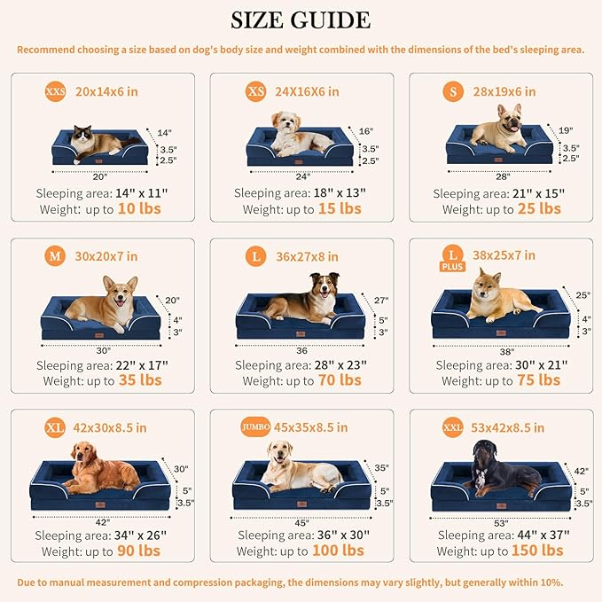 Comfort Expression Orthopedic Dog Bed for Extra Large Dogs 42x30 Inch Waterproof Egg Crate Foam XL Pet Bed with Removable Bolsters Dog Couch with Washable Cover &amp Non-Slip Bottom Navy Blue