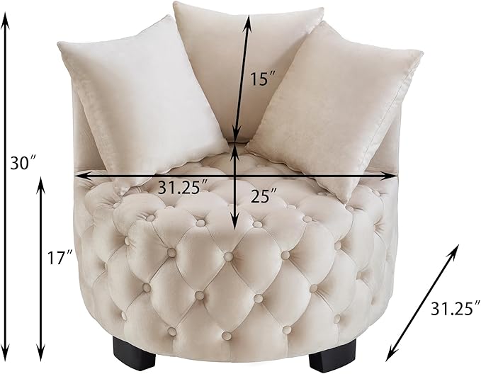 Velvet Accent Lounge Chair - 31.25''W Upholstered Button Tufted Velvet Barrel Chair with 3 Pillows with Button Tufted Modern Round Club Chair Reading Sofa Chair (Beige)