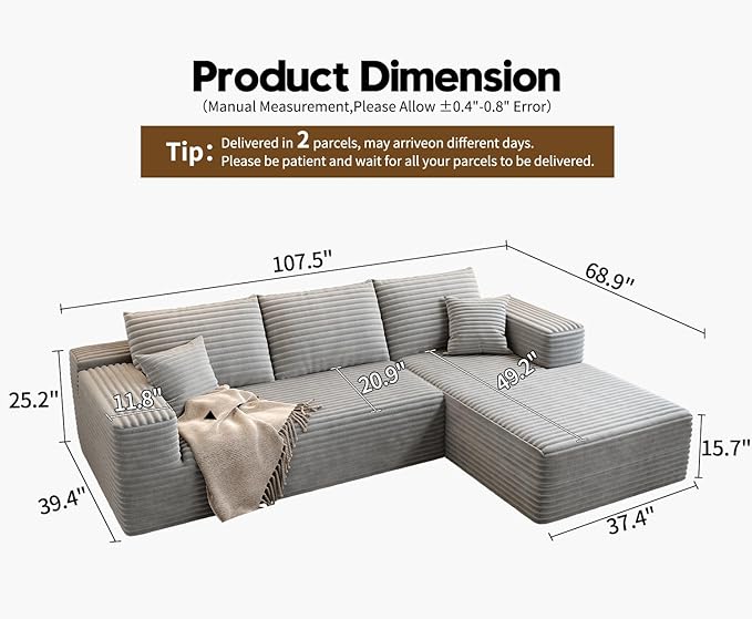 107.5 Cloud Modular Sectional Sofa Couch with L-Shape ChaiseModern Minimalist Upholstered Couches for Living Room BedroomDeep Seat Corner CouchNo Assembly Required (GreyRight Facing Chaise)