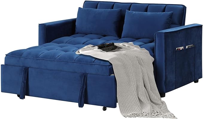 EBELLO 3 in 1 Convertible Sleeper Sofa Bed Modern Velvet Loveseat Couch Pullout Bed for Living Room Small Love Seat Lounge Sofa with Reclining Backrest Pillows and Side Storage Pocket Blue