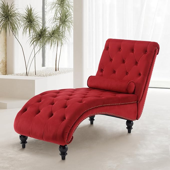 Velvet Chaise Lounge Chair Indoor Comfy Upholstered Chaise Lounge with Pillow and Solid Wood Legs Button Tufted Leisure Sofa Recliner for Living Room Bedroom Office Apartment (Red)