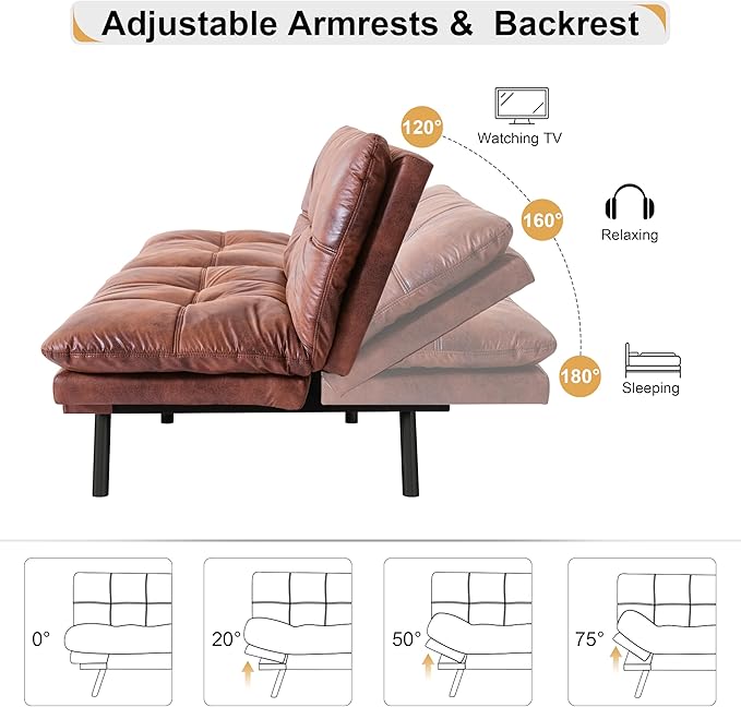 71 Futon Sofa Bed Memory Foam Convertible Faux Leather Futon Couch Beds with Adjustable Armrest Backrest Multi-Functional Folding Sleeper Sofa Bed for Living Room Apartment Brown