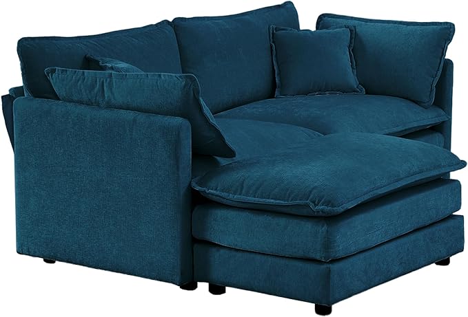 kevinplus 70'' Blue Loveseat Sofa Couch with Convertible Ottoman for Living Room Modern Contemporary 2-Seat Sofa Couch for Bedroom Apartment Small Spaces Chenille Fabric (Loveseat + 1 Ottoman)