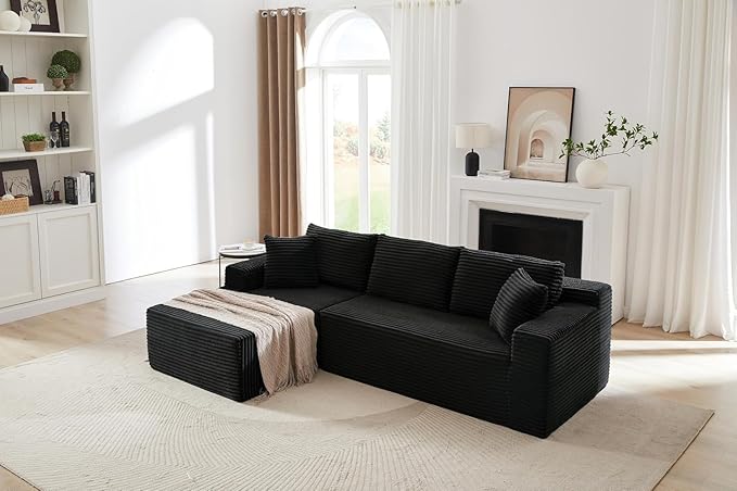 Cloud Sectional Couch Corduroy Modular Sectional Sofa with L-Shape Chaise Modern Boneless Couch Comfy Deep Seat for Living Room Bedroom No Assembly (Black Left Facing Chaise)
