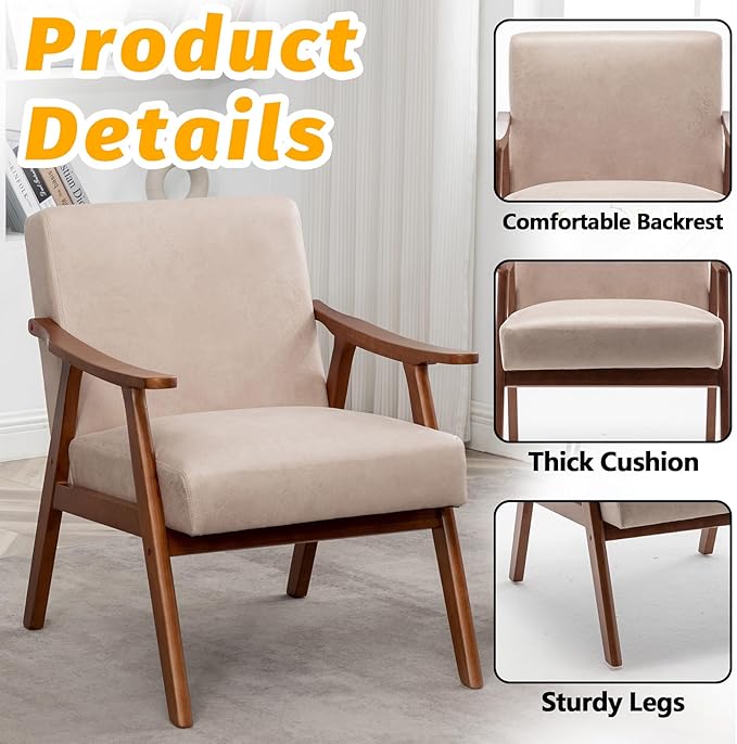 Mid Century Modern Accent Chair Upholstered Armchair Comfy with Wood Legs Siting Chair with Soft Cushion PU Leather Side Chairs for Living Room Bedroom Office (Microfiber Light Camel)