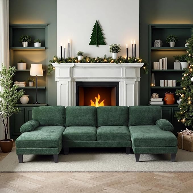 VINGLI 110 Sectional Couches for Living RoomU Shaped Couch with Double Chaise 4-Seat Sofa Set with Chenille Fabric for Home FurnitureForest Green