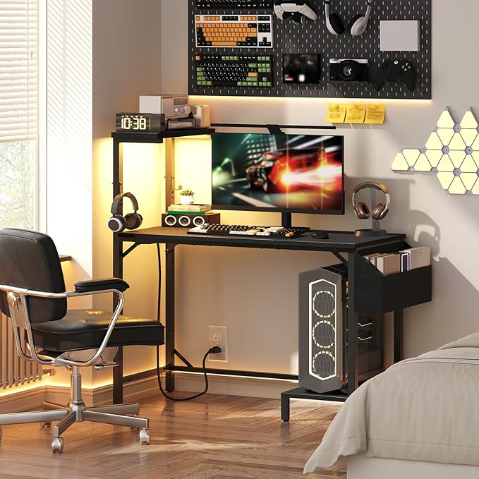 Gaming Desk Computer Desk with Charging Station and LED Light Small PC Desk with Side Storage Bag and Shelves 2 Hooks for Living Room Home Office Bedroom Black CDHS134E01