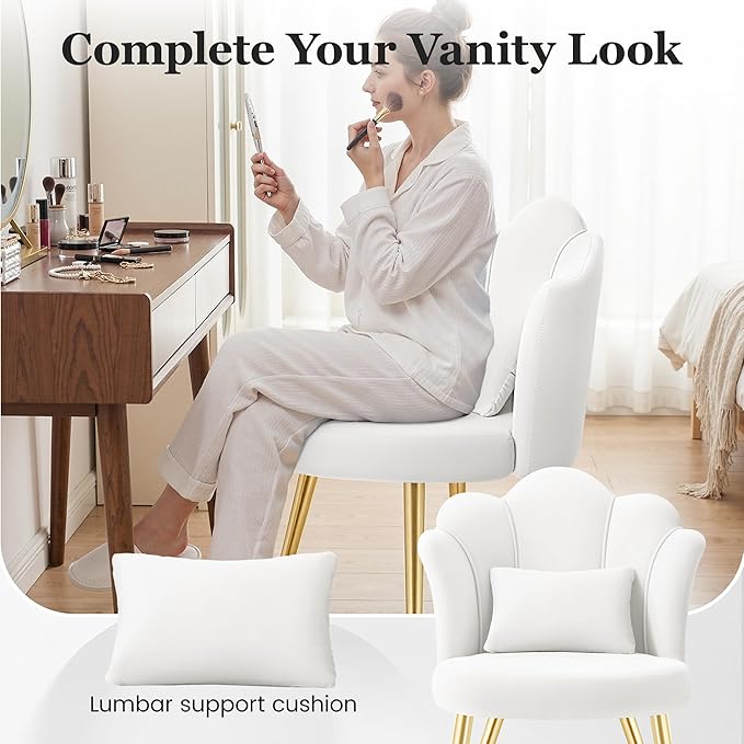 Petal Makeup Vanity Chair with Back Flower Chair Comfy No Wheels for Girls Women Makeup Chair with Golden Metal Legs &amp Lumbar Pillow for Living Room/Makeup Room/Bedroom/Home Office - White