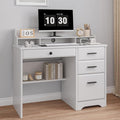 White Desk with Drawers Small Computer Desk with File Drawers for Bedroom Home Office Desk with Shelves and Monitor Stand for Writing Study Small Spaces