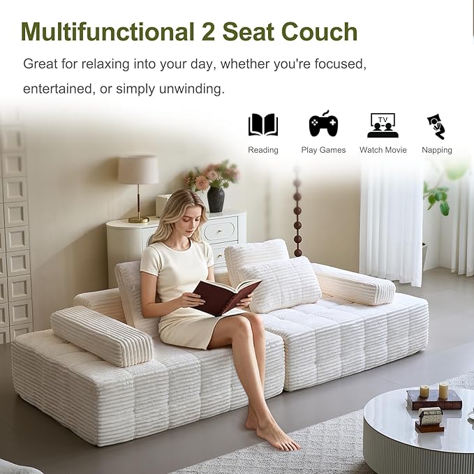 113 Modular Straight-Row Boneless Couch Memory Foam Floor Cloud Sofa with 2 Movable Armrests Plush Corduroy Sectional with Oversized Chaise for Living Room Apartment Lounge Beige