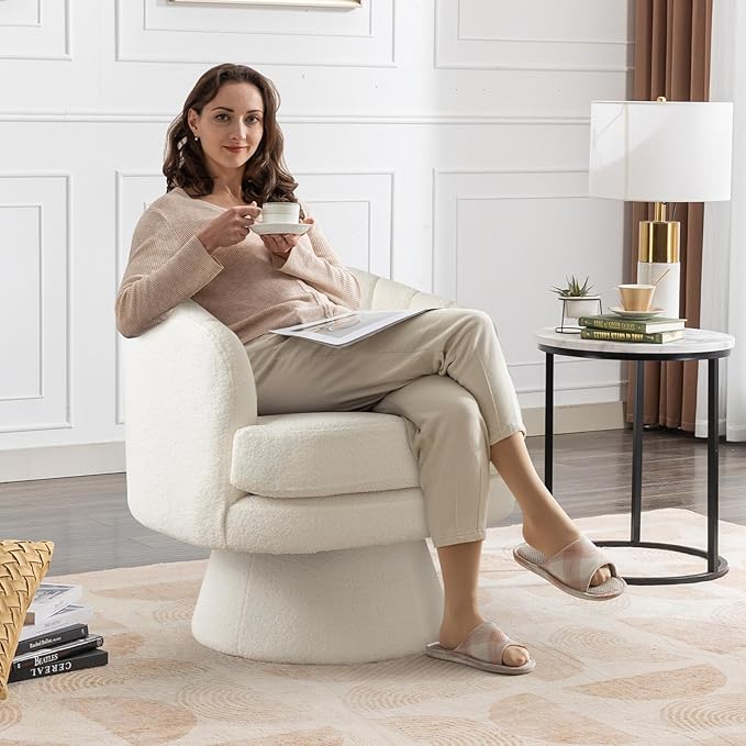 ANJ Swivel Accent Chair Modern Cozy Lambswool Accent Chair Comfy Round Armchiars 360 Degree Swivel Barrel Chairs for Living Room Bedroom Office Beige