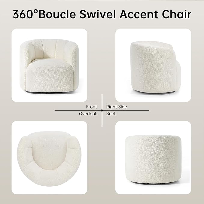 Swivel Accent Chair No Assembly Required Upholstered Boucle Fabric Barrel Chair for Living Room Beige
