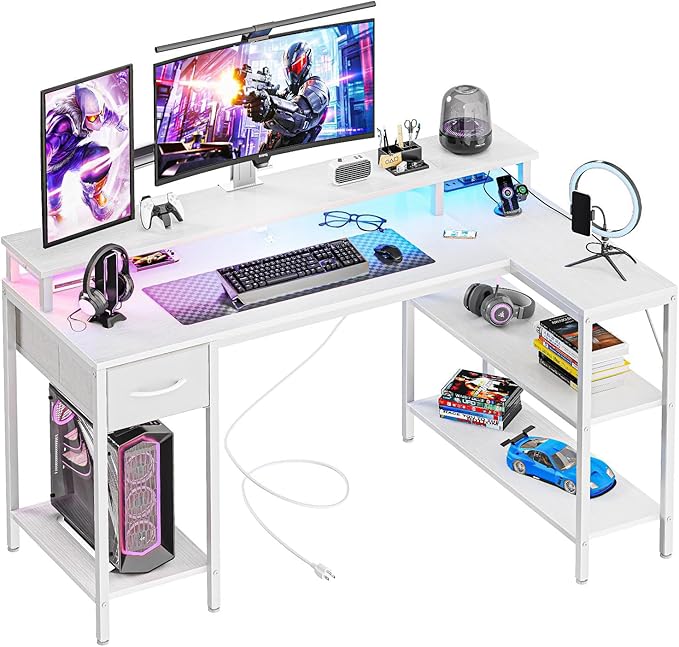 Alpen Gaming Desk 47 Inch L Shaped Desk with LED Lights Charging Ports Corner Desk Reversible Gamer Computer Desk with Shelves Drawer Monitor Stand for Home Office White