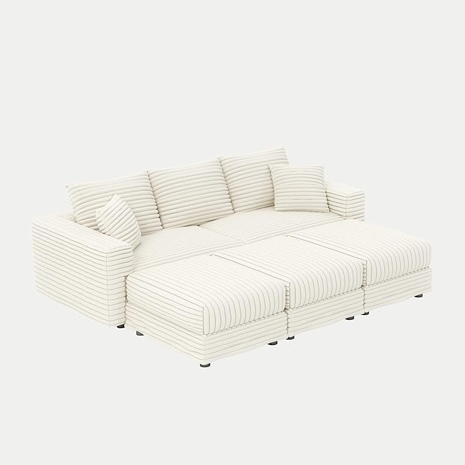 82.7'' Oversized Corduroy Couch Modular Sectional Sofa with 3 Ottomans Sleeper Sofa Bed Full Size Upholstered 3 Deep Seat L Shape Sofa Convertible Cloud Couches for Living Room Beige
