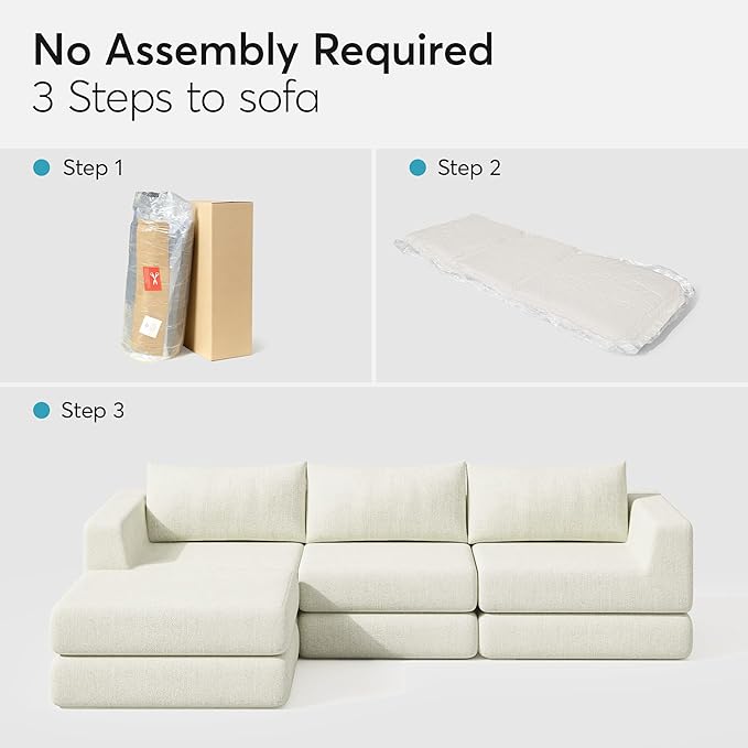 Cloud Boneless Modular Sectional Sofa 95.5 Modern Chenille Couch for Living Room Convertible Sleeper Sofa Bed Ergonomic Seating Cloud Couch Sectional No Assembly Required Beige