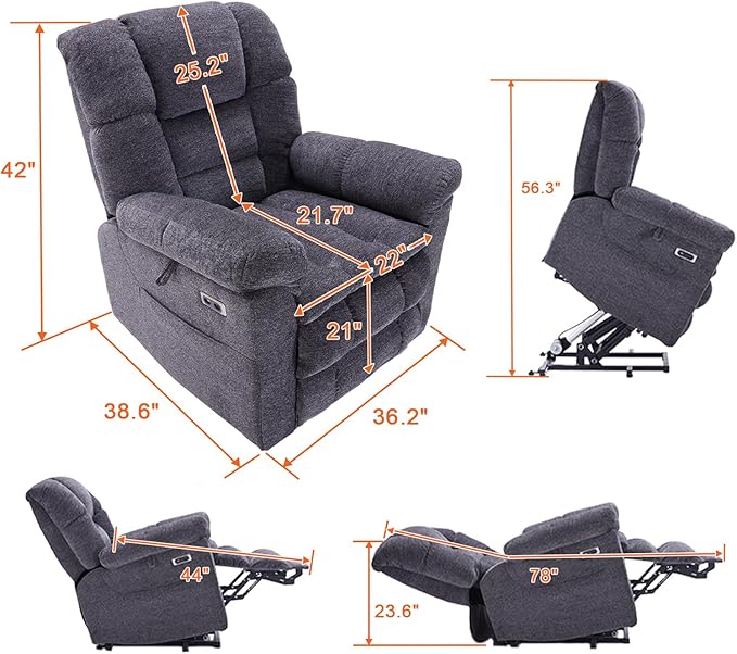 Triple Motor Power Lift Recliner Chair with Massage and Dual Heat for Elderly People Zero Gravity Lay Flat Recliner Infinite Position USB Ports（Grey）