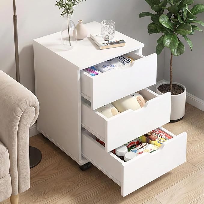 3 Drawer File Cabinet for Home Office 3-Drawer Vertical Filing Cabinet Rolling Wood Mobile File Cabinets Under Desk for Home Office with Casters (White)