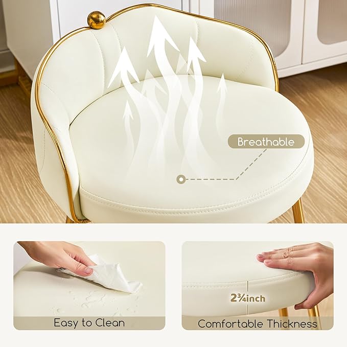 Cute Vanity Chair with Back Small Armless Leather Makeup Desk Chair No Wheels Modern Swivel Accent Vanity Stools with Gold Legs for Vanity Bedroom Dress Room Beige